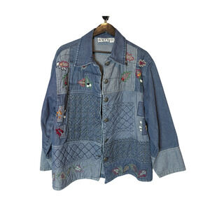Keren Hart Denim Embroidered Quilted Floral Button Jacket XXL Cottagcore Indie
